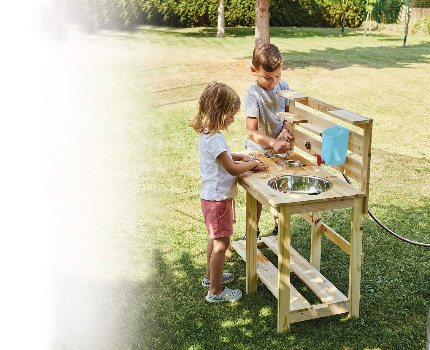 Happy People Kinder Holz - Matschküche - Kinderküche Garten - mit Edelstahlschalen - Natur