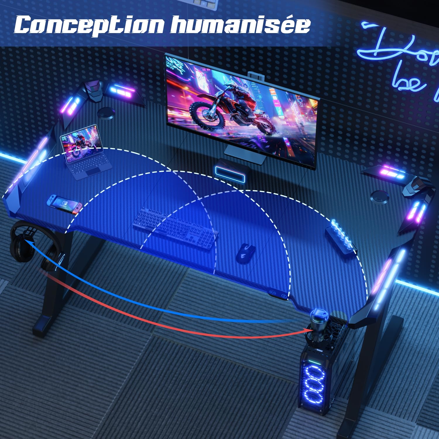 Devoko Bureau Gaming LED 120×60cm,Contrôleur Touché de Lumière par USB, Plusieurs Modes de Changement de lumière,Porte-gobelet et Crochet pour Casque, Bureau Gamer Informatique Ergonomique, Noir