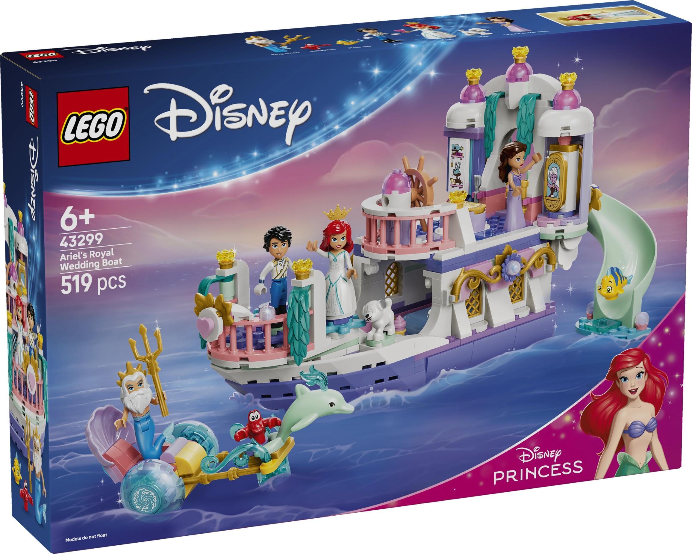 LEGO | Princesas Disney Barco de la Boda Real de Ariel – Juguete de La Sirenita con 7 Figuras Inc. Ariel y Sebastián – Decoración del Dormitorio – Regalo para Niñas de 6+ Años y Fans – 43299