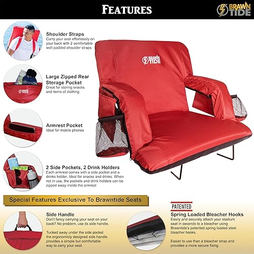 Miniatura 3 de BRAWNTIDE Asiento de estadio con soporte trasero, paquete de 2, cojines cómodos, relleno grueso, 2 ganchos de acero para gradas, eventos deportivos,