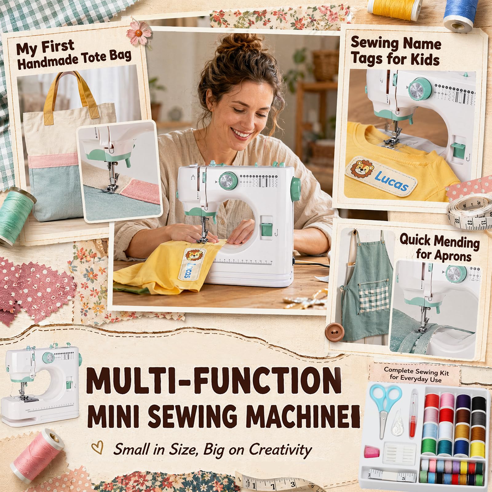 Macchina da cucire portatile, 12 punti, macchina da cucire elettrica per bambini e adulti, con accessori da cucito, ideale per riparazioni rapide e fai da te (verde)