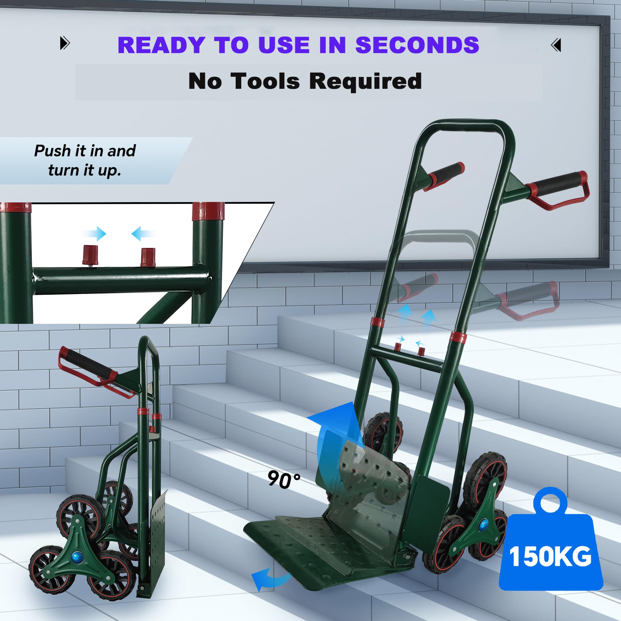 KATSU Tools Carretilla de mano plegable para subir escaleras, carga de 150 kg, 6 ruedas, altura ajustable, mango telescópico, carrito de entrega de paquetes de carga