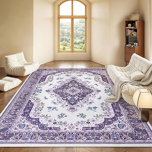 HOMORE Purple Area Rug 5x7 Living Room Rug, Non Slip Washable Rugs for Bedroom Faux Wool Throw Rug for Dining Room Office Vintage Floral Rugs for Entryway Kitchen Farmhouse Decor