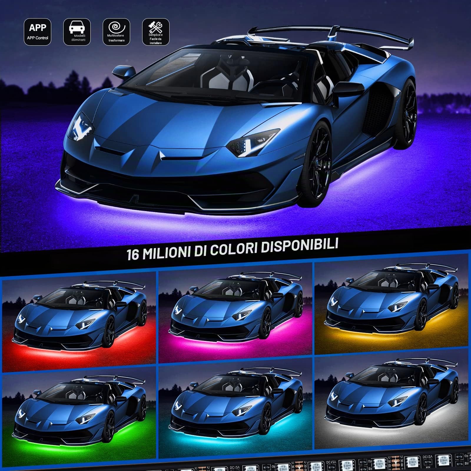 Striscia di luci LED sottoscocca per auto esterna, luci al neon universali RGB con modalità musica, kit di luci sottoscocca impermeabili multicolori - controllo app Bluetooth wireless (2×89cm+4×58cm)