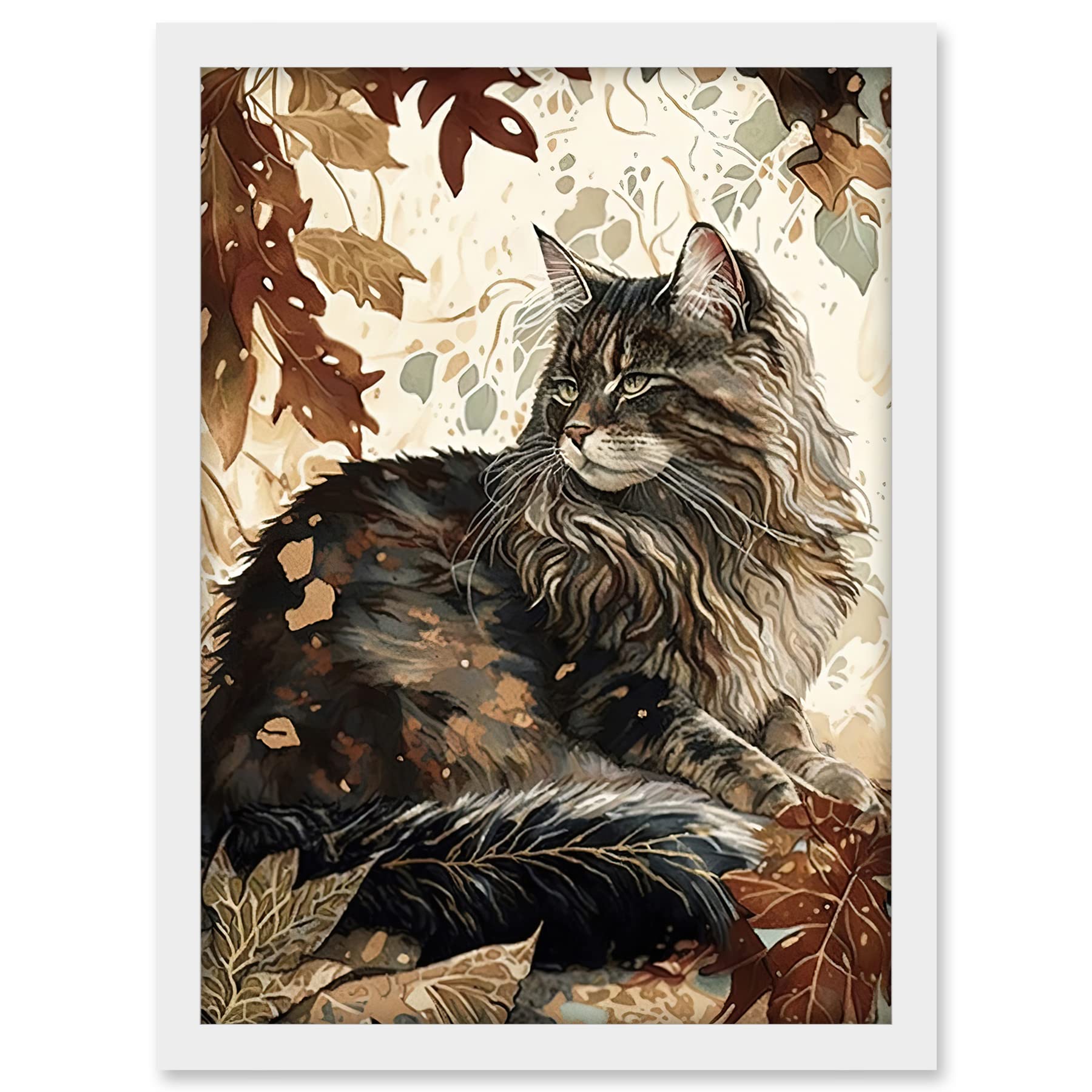 Artery8 Maine Coon Cat in Autumn Leaves Modern Watercolour Ink Illustration Artwork Framed A3 Wall Art Print