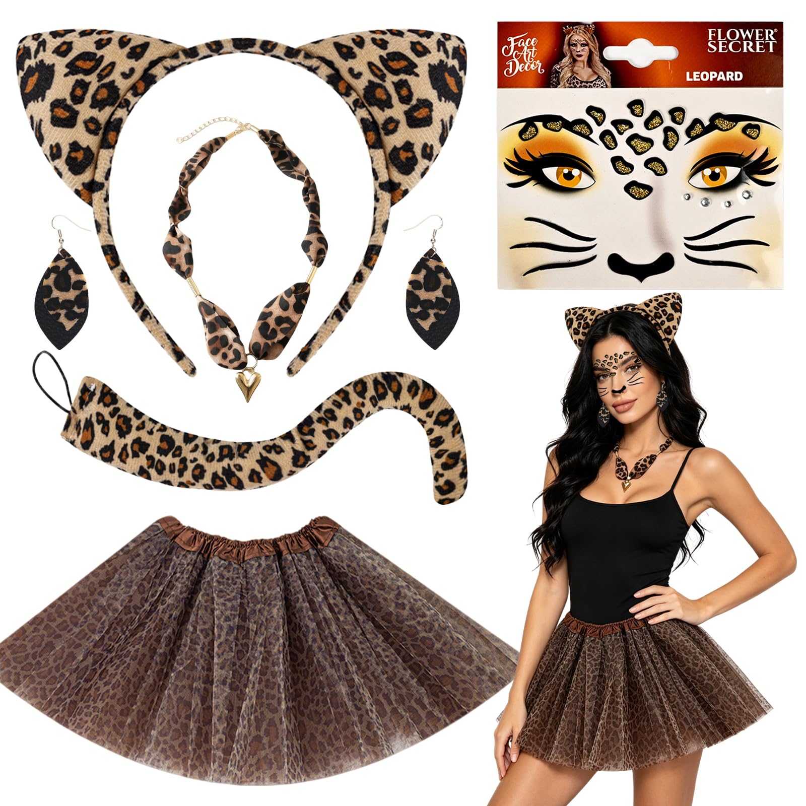 Carreuty 6 Pcs Leopard Costume Adult Set Animal Costumes with Leopard Ears Headband Necklace Face Stickers Earrings Tail Dance Skirt for Women Animal Costume for Halloween Carnival Party