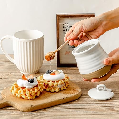 Vista 22 de HASENSE Maceta de cerámica para miel con tapa, tarro de miel de 12 onzas con vaso de madera, juego de palitos y frascos de miel, lindo recipiente