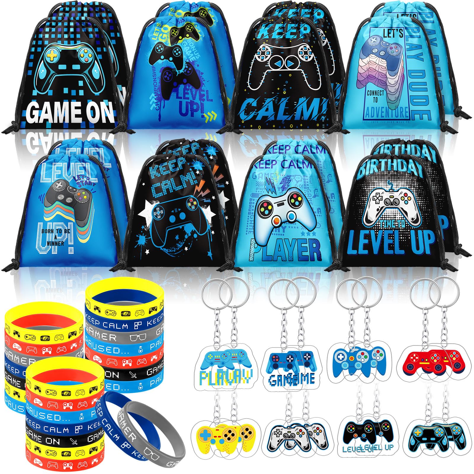 Talltalk 48 Pcs Video Game Party Favors Bulk with 16 Blue Black Video Game Gift Drawstring Backpack Goodie Bags Snacks Candy Bag 16 Wristband 16 Keychain for Play Birthday Party Supplies Decorations