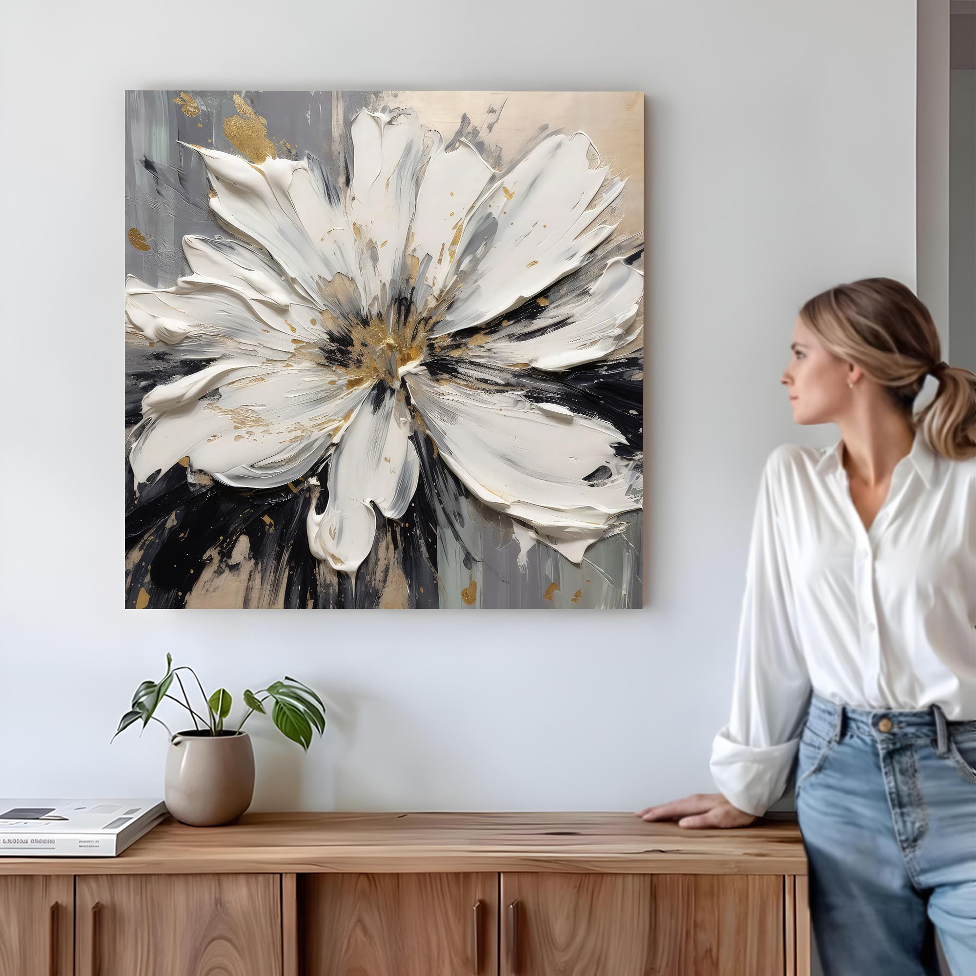 Modern Floral Canvas Painting - White Flowers -6 Modern Floral Canvas Painting - White Flowers -6