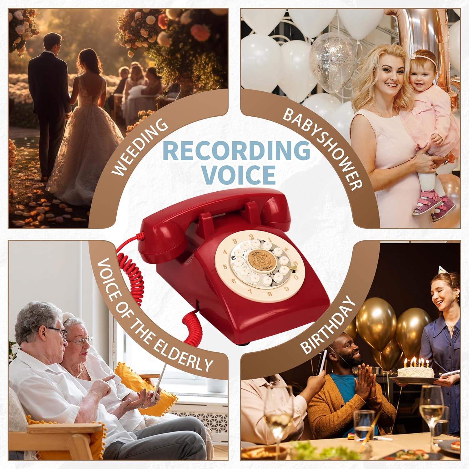 Audio Guest Book Wedding Phone,32GB Memory Customized Audio Messages, Volume Adjustable, with Message Replay Feature, Suitable for All Kinds of Party (Art Deco, Fresh-Red)
