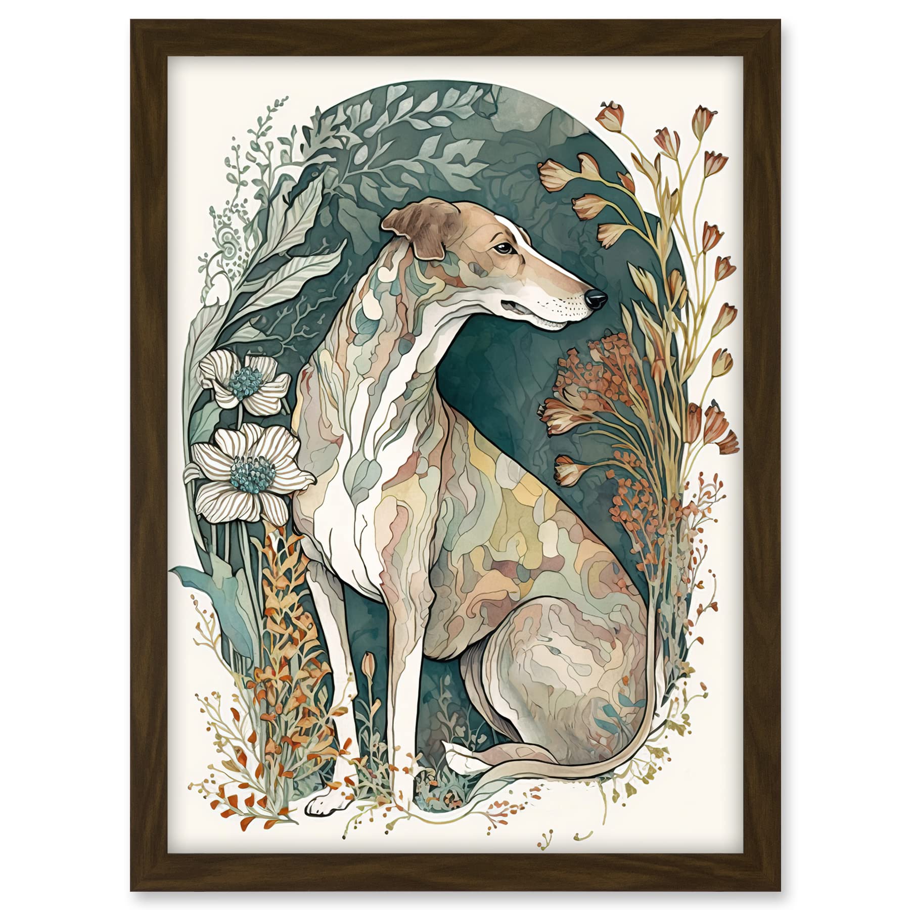 Artery8 Greyhound Dog in Flower Field Modern Pastel Boho Watercolour Illustration Artwork Framed A3 Wall Art Print