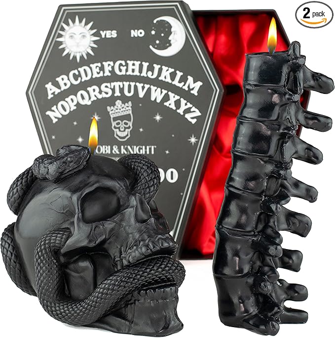 Black Skull Candle Set - Goth Candle with Snake and Spine in Coffin Gift Box - Gothic Candles for Spooky Halloween Decorations - Creepy Candles for Goth Decor