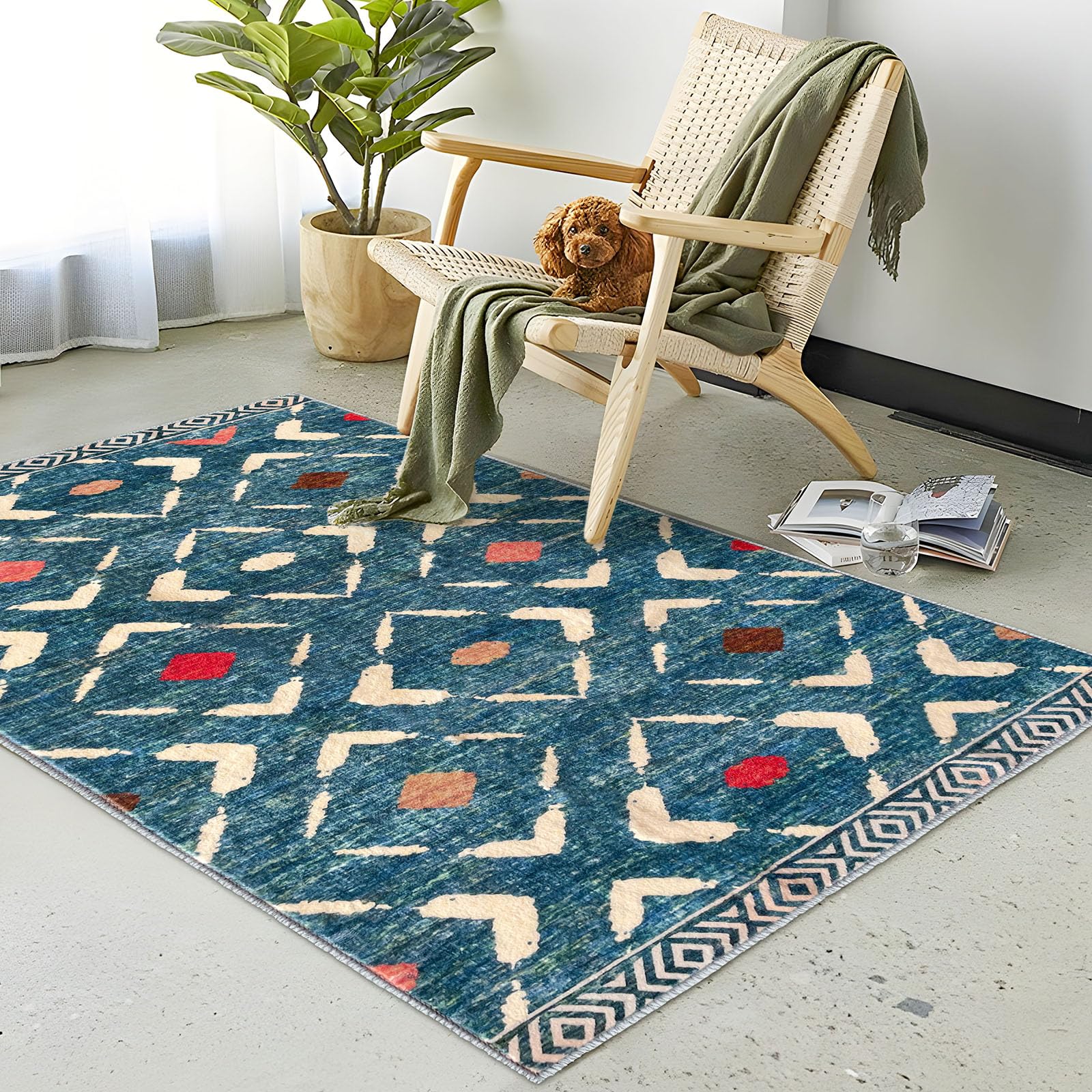 KILOCOCO Area Rug 3'x5' Rug for Living Room Washable Rug Bedroom Rug Non Slip Boho Rug Low-Pile Rug Morden Soft Rug for Kitchen Bathroom Dining Geometric Moroccan Carpet, Teal