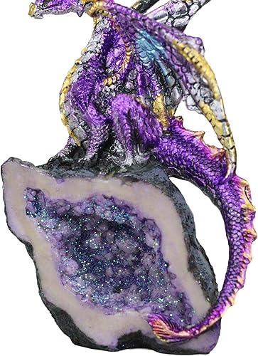 Miniatura 7 de Ebros Gift Fantasía Iridiscente Meteorito Dragón Guardando Geoda Imitación Cuarzo Cristal Caverna, Estatuilla de Roca, Colección Mediana, Calabozos,
