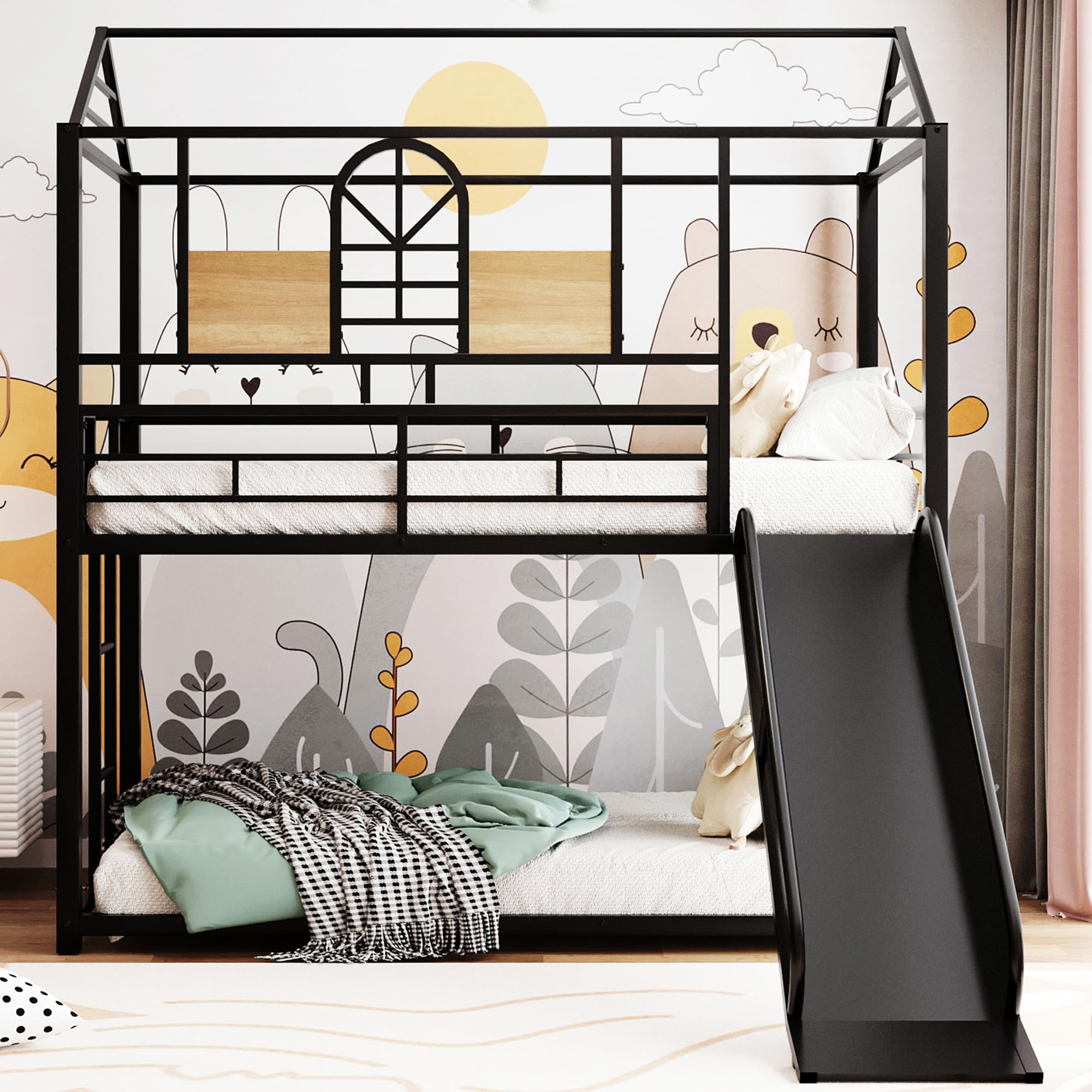 Metal Bunk Bed Twin Over Twin, Floor Bunk Bed/Kids House Bunk Bed with