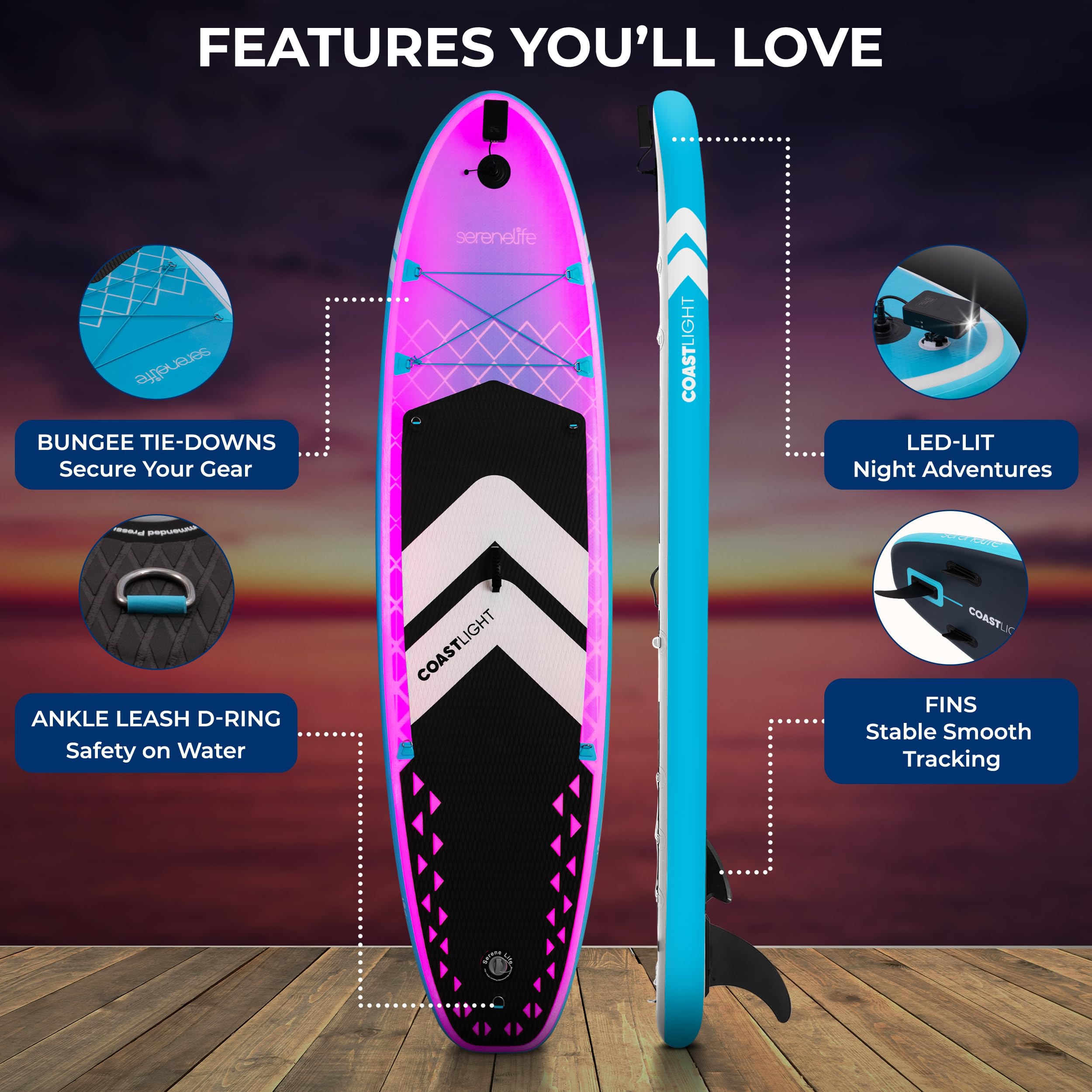 SereneLife dmuchana deska SUP 10’6” z oświetleniem LED – szerokość 32” dla stabilności, antypoślizgowa powierzchnia EVA, akcesoria premium SUP, dla młodzieży i dorosłych, udźwig 275 lbs