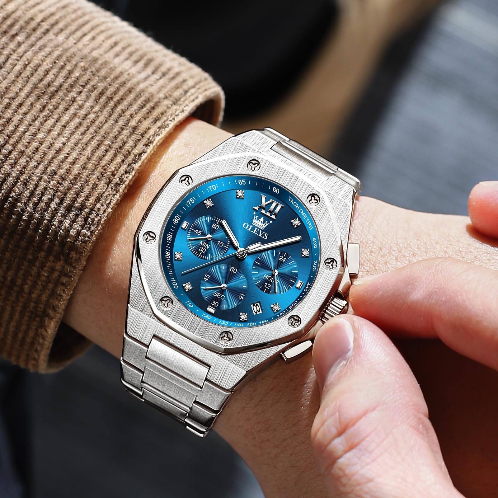 OLEVS Edelstahl Herren Armbanduhr Wasserdicht Leuchtend Großes Zifferblatt Uhren Herren mit Datumsanzeige Schicke Geschenke für Männer