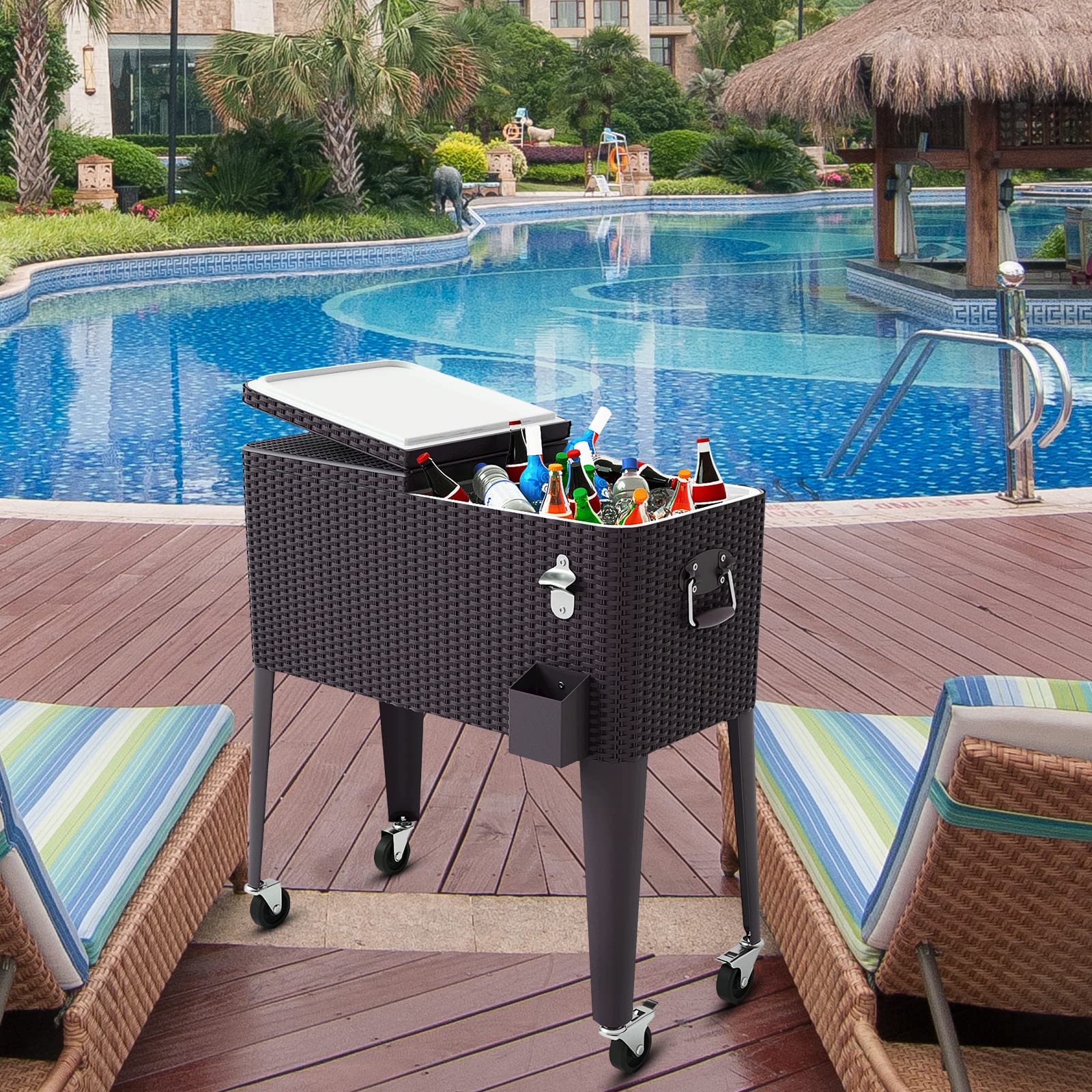 COSTWAY Carrello Portavivande Refrigerante Rattan 76L, Carrello Portaghiaccio con Ruote Bloccabili, Apribottiglie, 83x48x87 cm