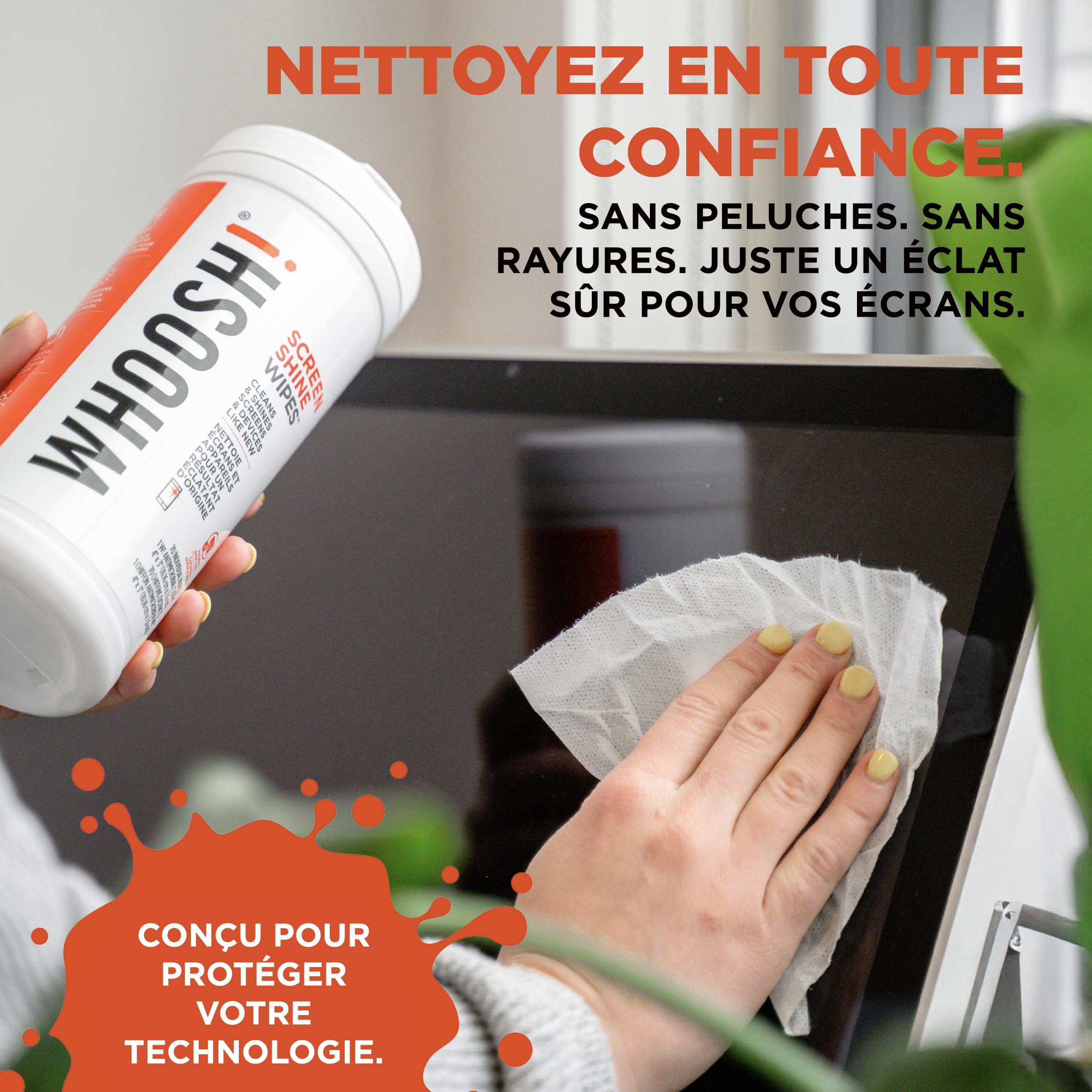 WHOOSH! Lingettes Nettoyantes Écran 70 Unités Pour Nettoyage Écran TV Lunettes Voiture Ordinateur Portable Avec Chiffon Microsuede Sans Peluches Non Abrasif Finition Sans Traces Nettoyant Écran