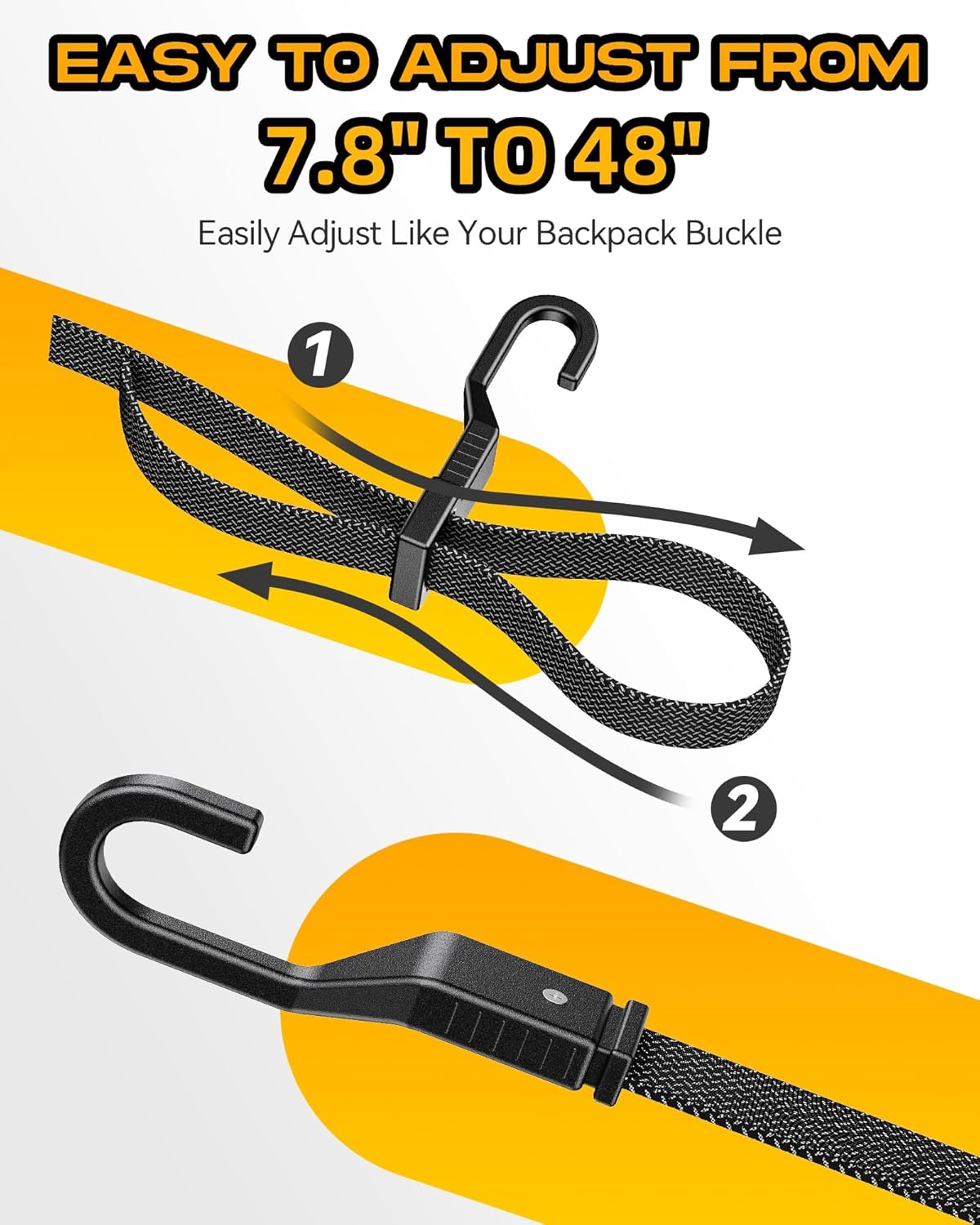6 Pack 48" Flat Adjustable Straps with Hooks, 3X Faster to Adjust The Length, LuckyStraps Heavy Duty Bungee Straps for Cargo, Camping, Bike, Truck, Roof Rack, Motorcycle, Outdoor Use, Black