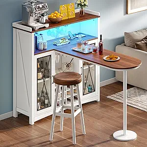 DWVO Farmhouse Wine Bar Cabinet with LED Lights, 47" Coffee Bar Station w/Bar Table, Wine Racks and Glass Holders, Clear Barn Door, Wood Kitchen Buffet Cabinet w/Storage for Living Dining Room, White