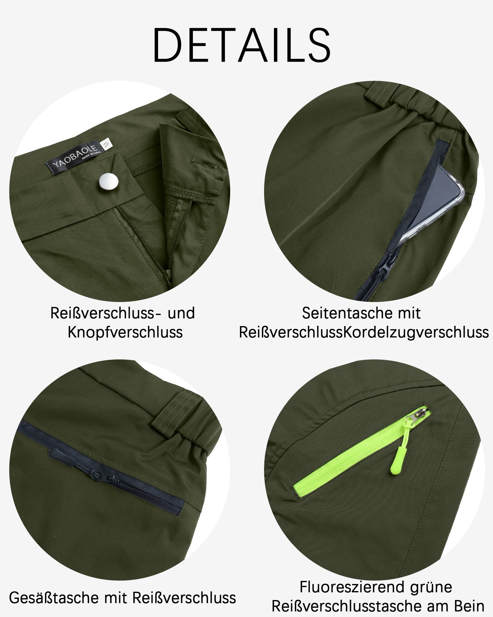 YAOBAOLE 3/4 męskie spodnie trekkingowe, krótkie, 3/4, krótkie spodnie, cargo, outdoorowe, z 4 kieszeniami na zamek błyskawiczny, uniwersalny krój