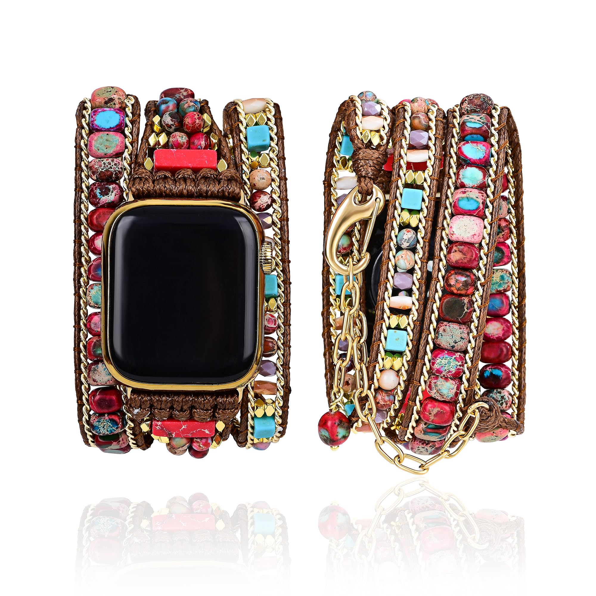 Handmade Beaded Boho Watch Band, Boho Watch for women, Bracelet Compatible with Apple Watch 38mm/40mm/41mm/42mm/44mm/45mm-Watch Strap for Iwatch Series 8/7/6/5/4/3/2/1/SE (Jasper, 38/40/41mm)