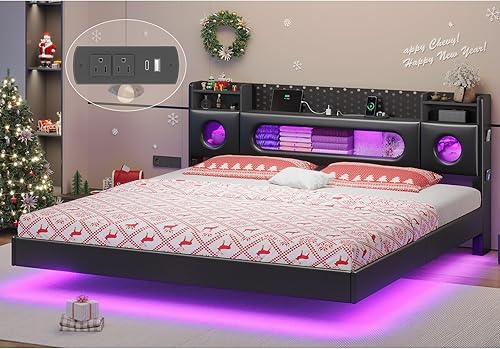 Base de cama flotante, marco de cama King con cabecera de almacenamiento, marco de cama de plataforma King con luces LED y estación de carga, sin