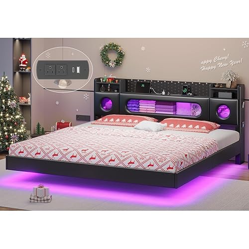 Floating Bed Frame,King Bed Frame with Storage Headboard, King Platform Bed Frame with LED Lights and Charging Station, Noise Free, No Box Spring Needed,Quick Assembly,PU Black