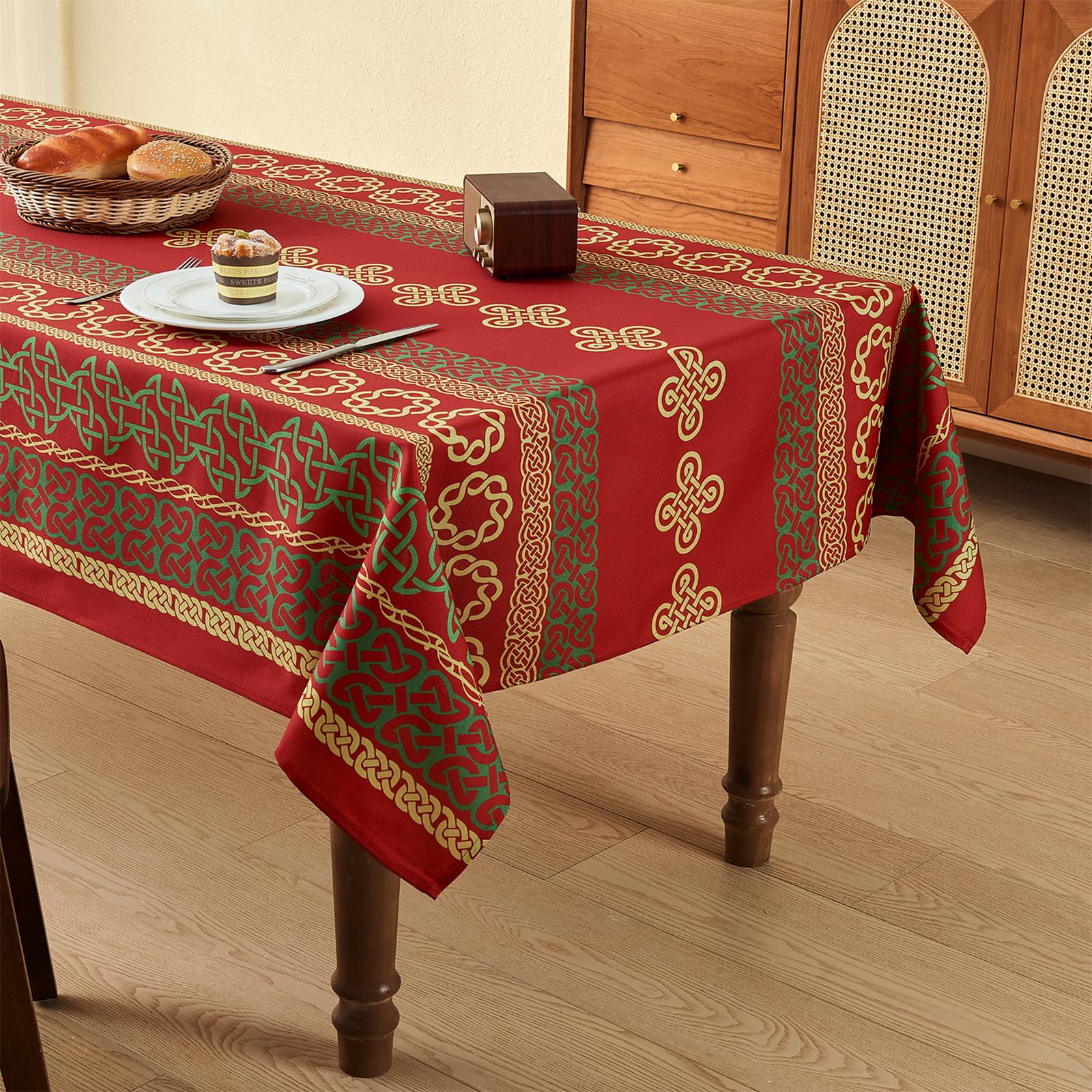 WAITER TREE Tovaglia rettangolare in lino stampata con nodi, resistente all'acqua e alle pieghe, lavabile, decorativa, San Patrizio, festa di Natale, feste, colore rosso, 140 × 180 cm