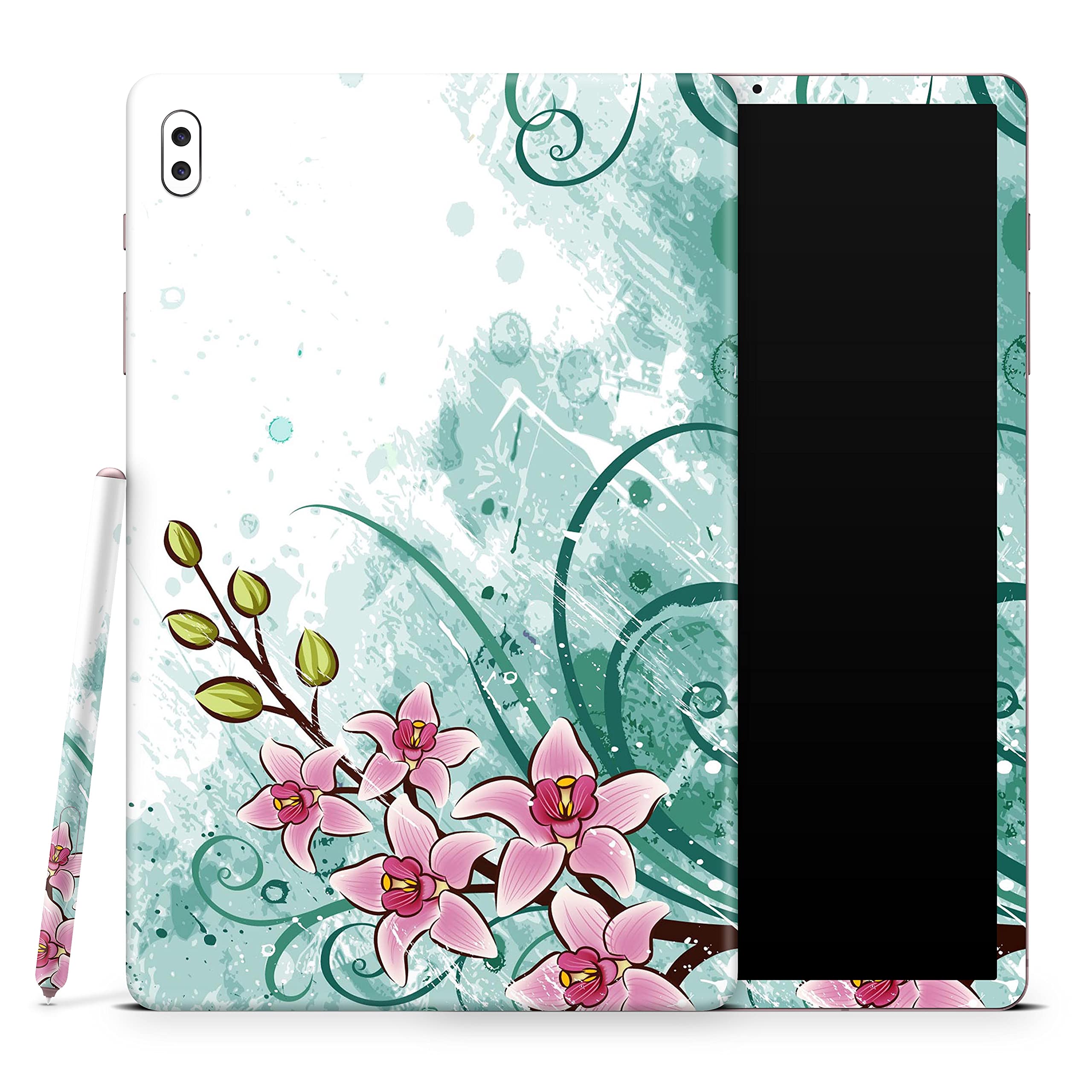 Design Skinz Pink & Green Watercolor Floral Full-Body Wrap Decal Skin-Kit Compatible with Samsung Galaxy Tab A10.1 (Screen Trim and Back Glass)