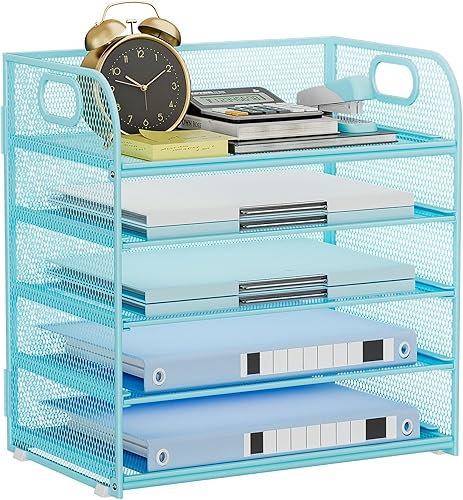 Miniatura 8 de Bandeja organizadora de papel con asa, organizador de escritorio apilable negro de 5 niveles con malla de metal, bandeja de papel resistente para