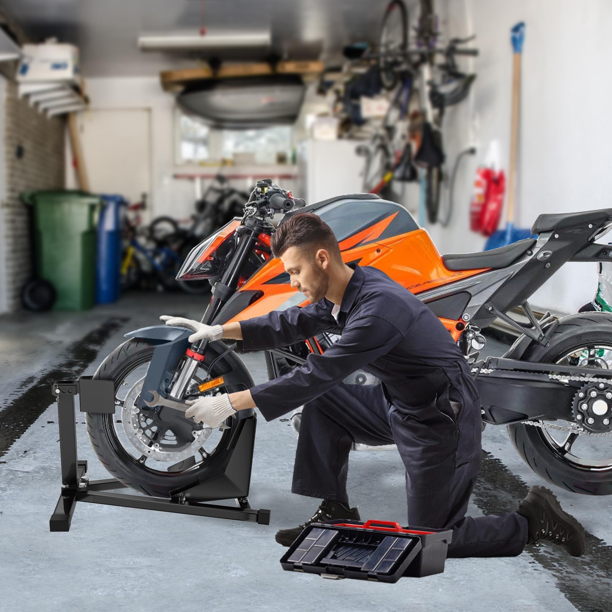 UISEBRT Stahl Motorrad Vorderradstütze - Montageständer passt Reifen von 17"- 21" Größe und 90-130 mm Breite - mit rutschhemmenden Gummifüßen, Abmessungen: 620x460x410 mm
