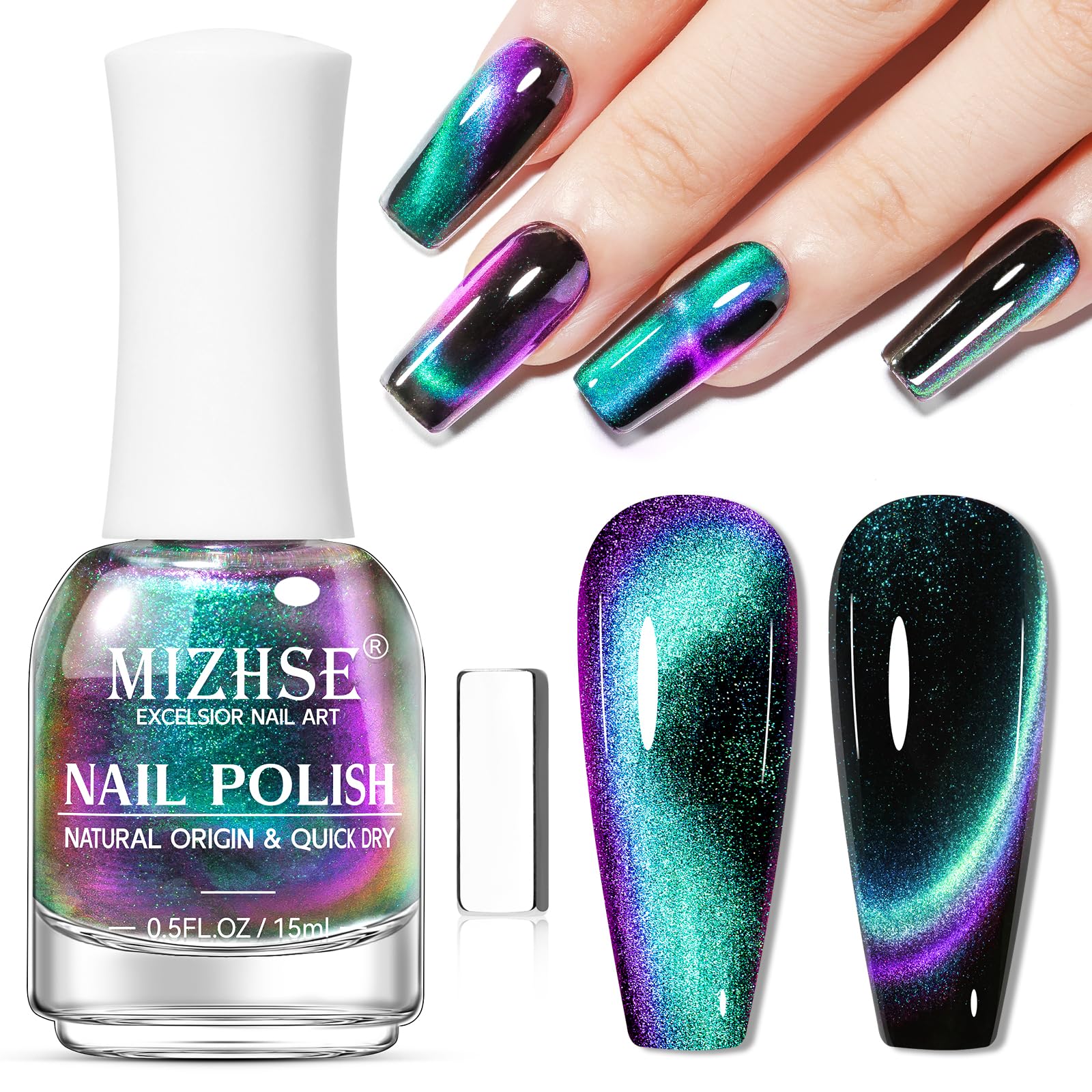 MIZHSE Quick Dry 9D Cat Eye Nail Polish Non Gel Green to Purple Magnetic Nail Polish with Magnet