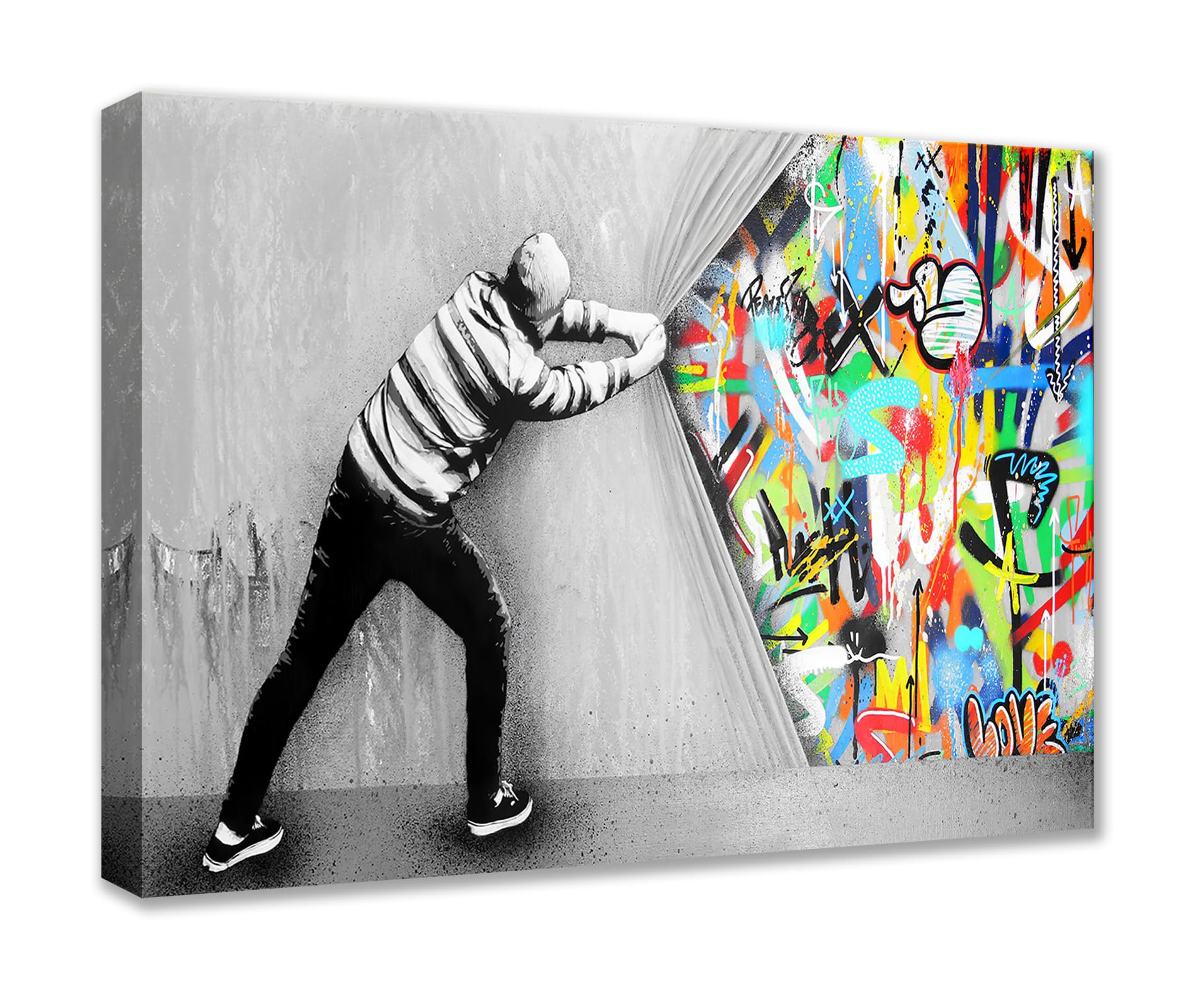Graffiti Street Wall Art Banksy Art Paintings Doodle Pictures Behind the Curtain Artwork for Living Room 1 Panels Print Canvas House Decor Framed Gallery-Wrapped Ready to Hang(24''W x 16''H)