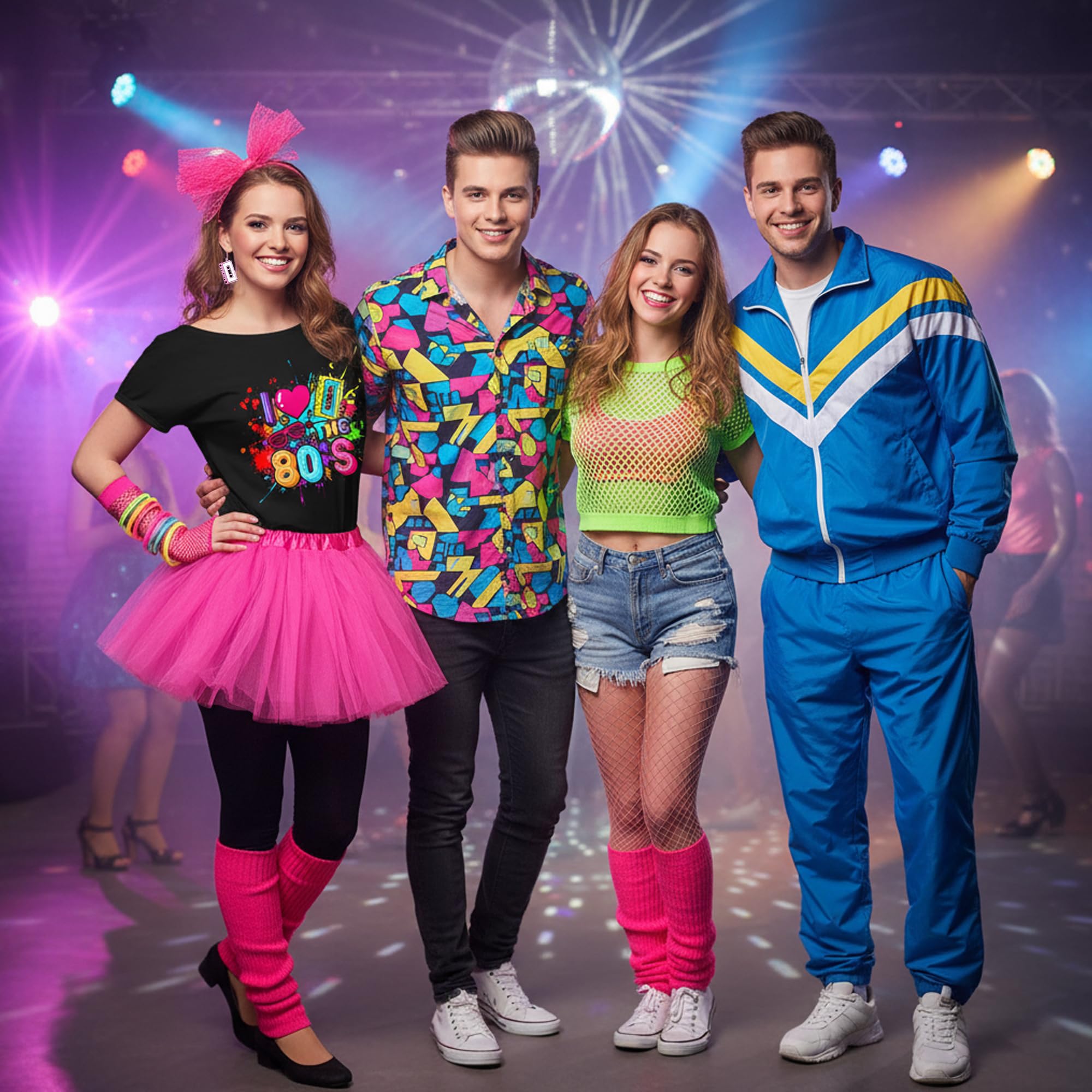80er Jahre Outfit Damen Set - 80er kostüm Accessoires mit T-Shirt Tutu-Rock Stirnband Ohrring Neon Armband, Netzhandschuhe für Karneval Fasching Party Retro Mottoparty Kleidung