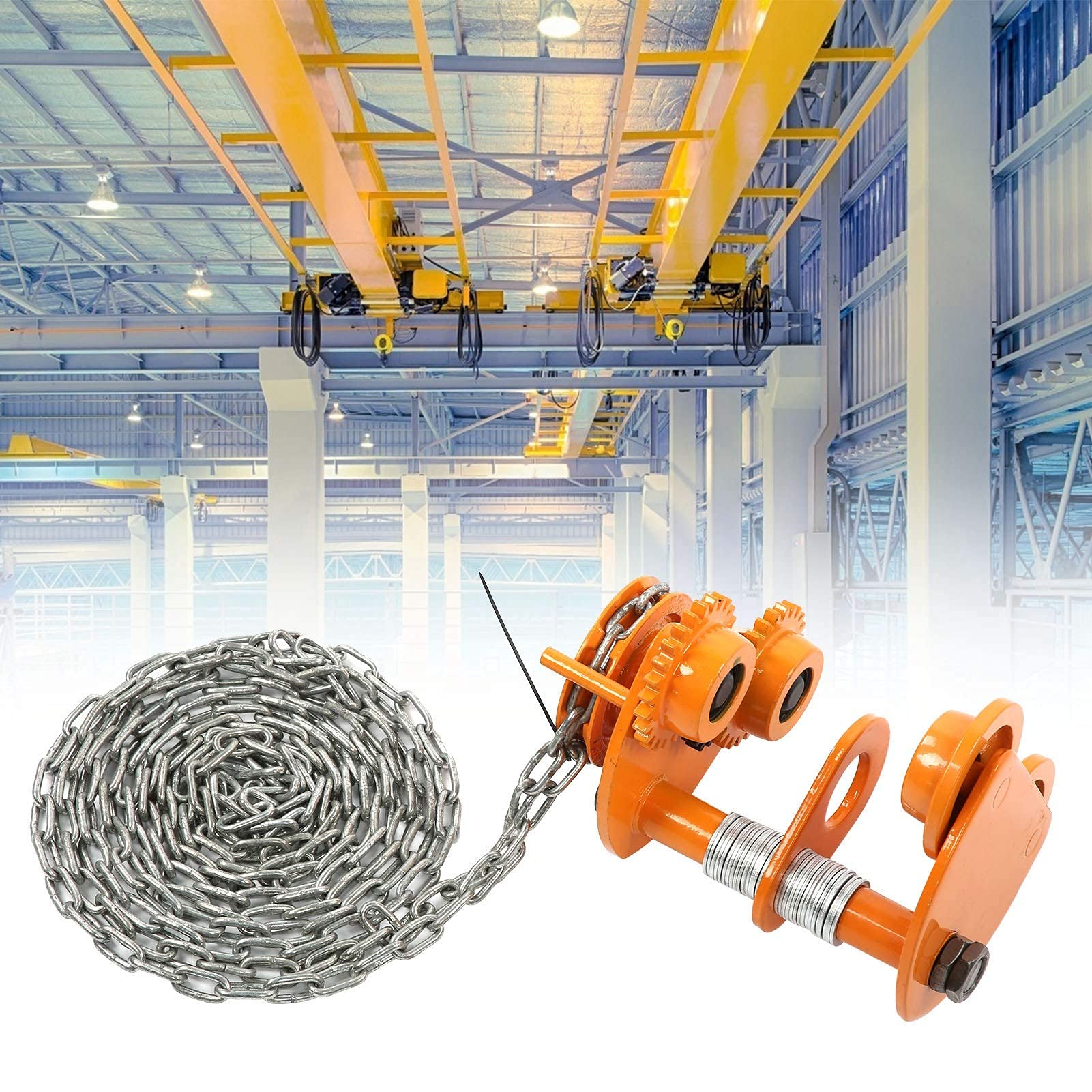 Laufkatze 68~100 mm, 1000kg Rollfahrwerk Handfahrwerk Kettenzug Hallenkran Unterflansch Krankatze mit Kette Weit verbreitet in Fabriken Minen Docks Lagerhallen Baustellen