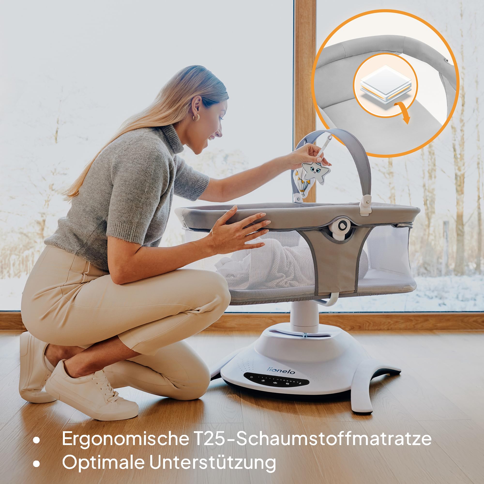LIONELO Bella Set 2-in-1 Elektrische Babywippe mit Babywanne 360o für Babys bis 9 kg, verstellbare Rückenlehne, 5 Schaukelgeschwindigkeiten Anti-Rutsch Sicherheitsgurt