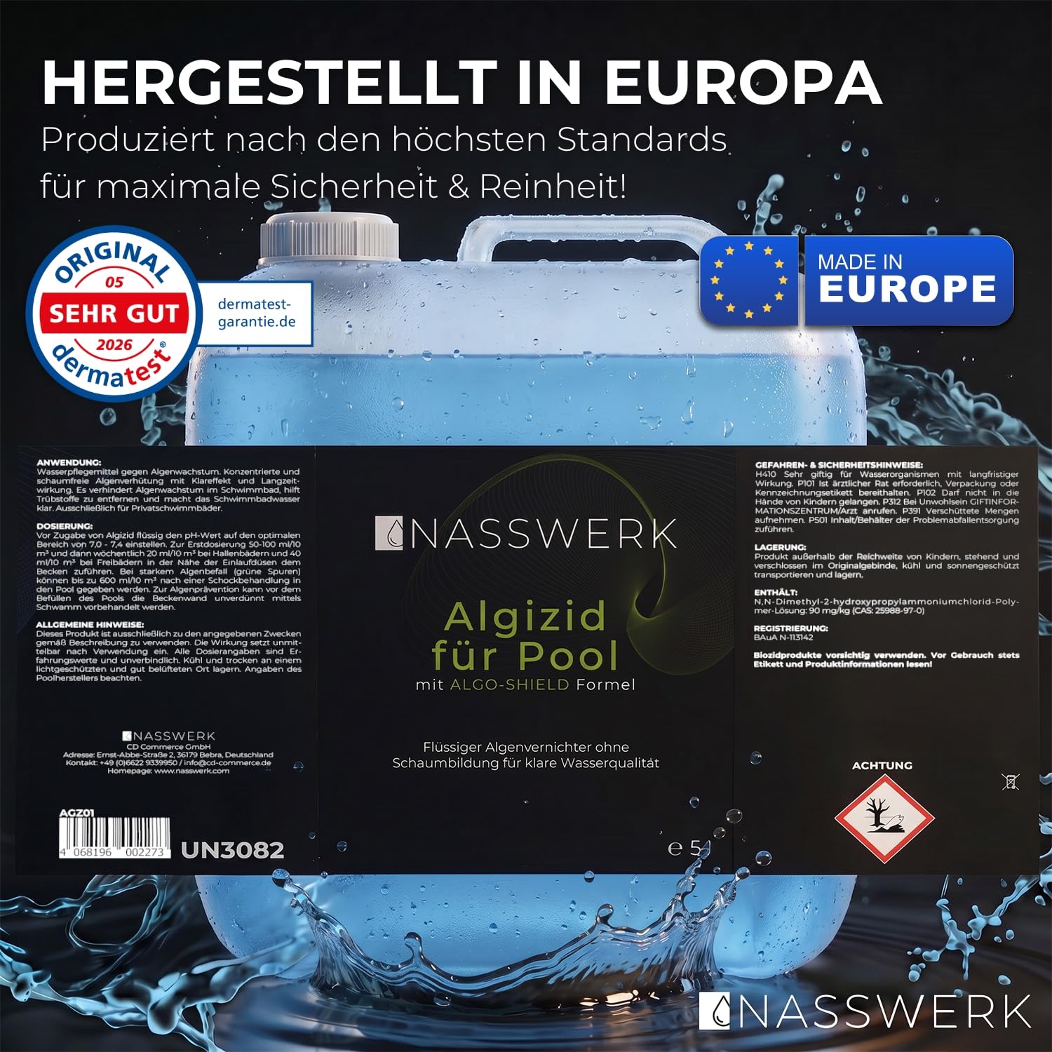 NASSWERK® Algizid für Pool flüssig 5L | Algenvernichter Pool um grünes Poolwasser klar bekommen | Poolklar Anti Algenmittel für Whirlpool | Pool Algenvernichter mit Klareffekt Algezid Algenverhüter