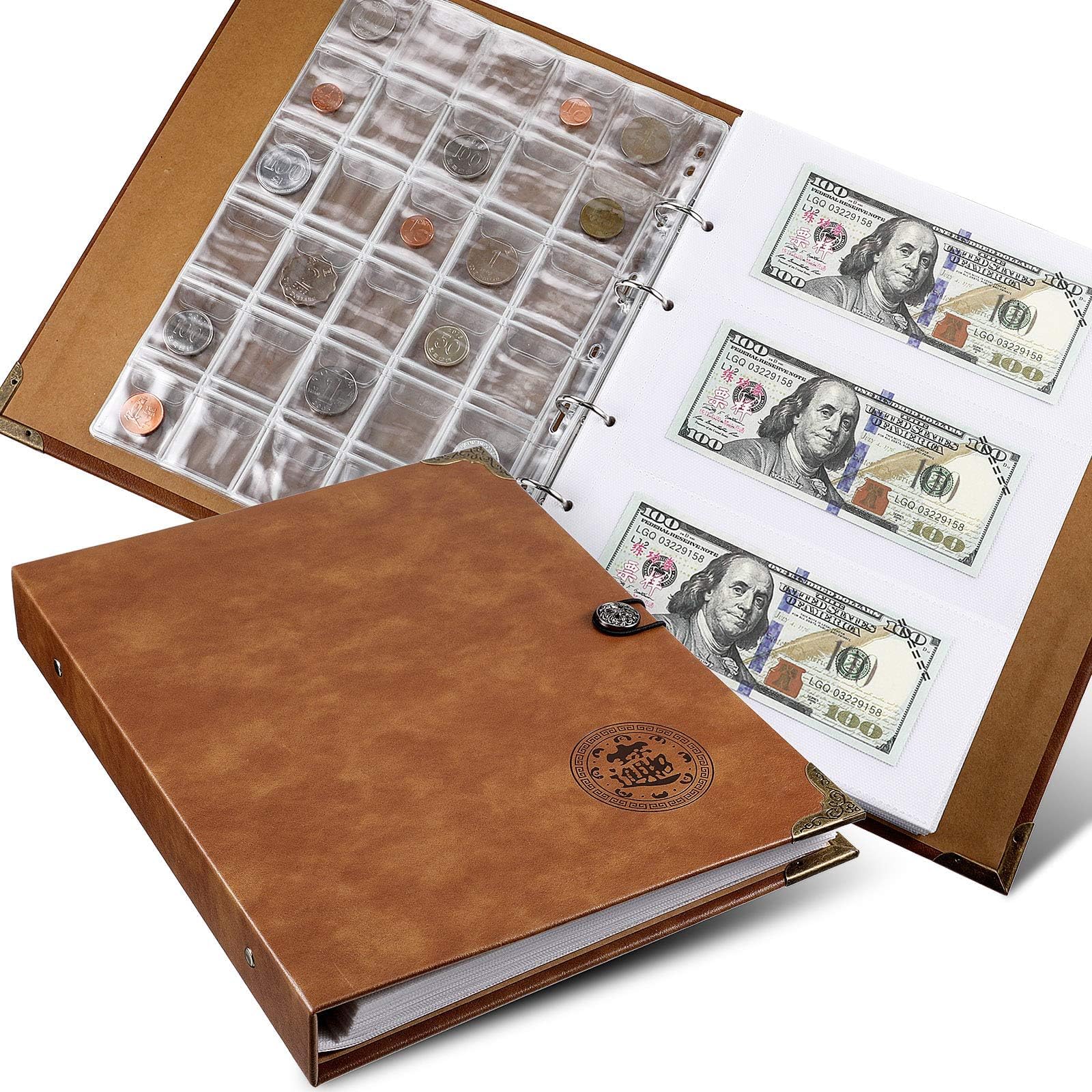150 Pockets Coin Collecting Holder Album, 240 Pockets Paper Money Penny Currency Collection Holder, pu leather coins collection holder penny currency storage book (Brown)