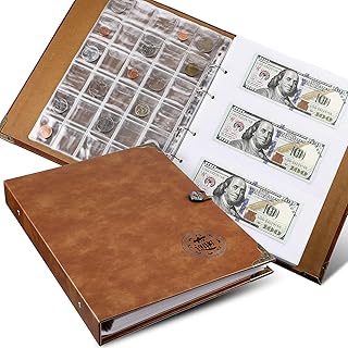 150 Pockets Coin Collecting Holder Album, 240 Pockets Paper Money Penny Currency Collection Holder, pu leather coins collection holder penny currency storage book (Brown)
