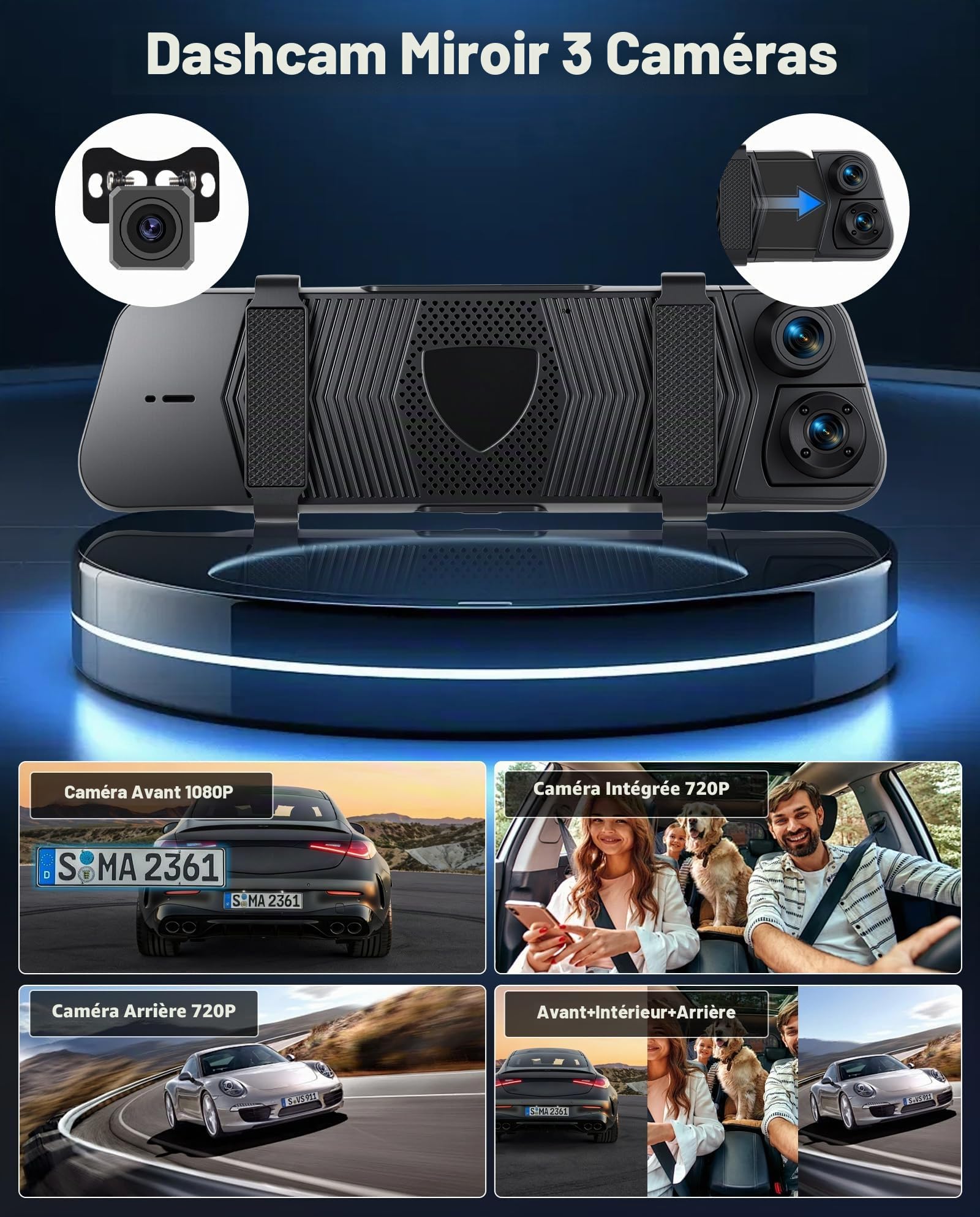 SIXWIN Rétroviseur Dashcam 9,66" Tactile 1080P HD 3 Canaux WiF | Enregistrement 1080P + 2×720P | Vision Nocturne, Boucle, Capteur G, Caméra de Recul, Angle 150° | Installation Universelle
