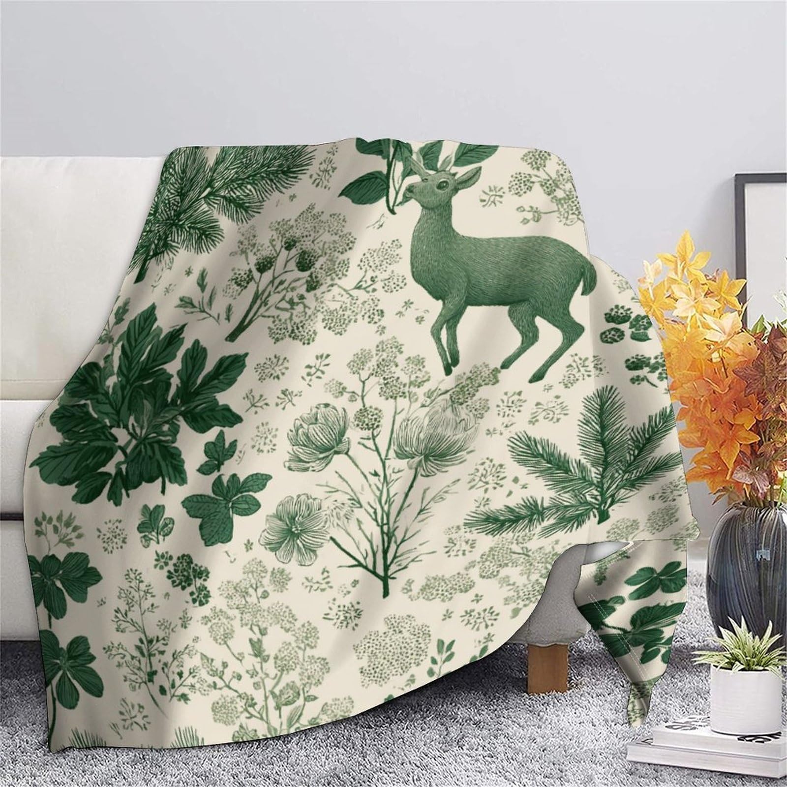 Foglie d'Erba, Rami di Cedro, Cervo Astratto Ropa Cama Para Adolescente Estampada Manta De Felpa Cómoda Y Suave Y Esponjosa Adecuada Para Sofá Cama Sofá 80x90inch(200x230cm)
