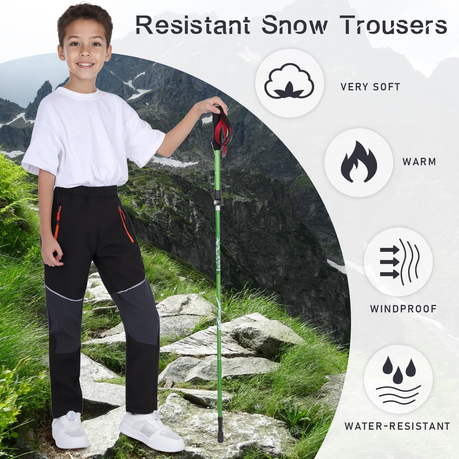 BWBIKE Pantalones de Nieve para Niños con Forro Polar Térmico Forrado al Agua y al Viento, Pantalones de Esquí de Invierno Softshell para Exteriores con Bolsillos con Cremallera para Niños y Niñas