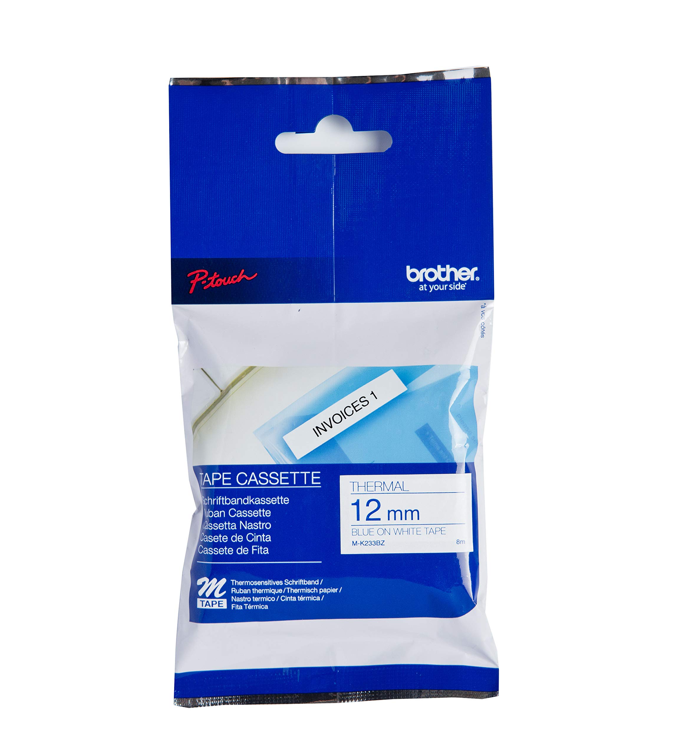 Brother M-K233Bz Cassetta Nastro Per Etichettatura Originale, Blu Su Bianco, 12 Mm Di Larghezza-image