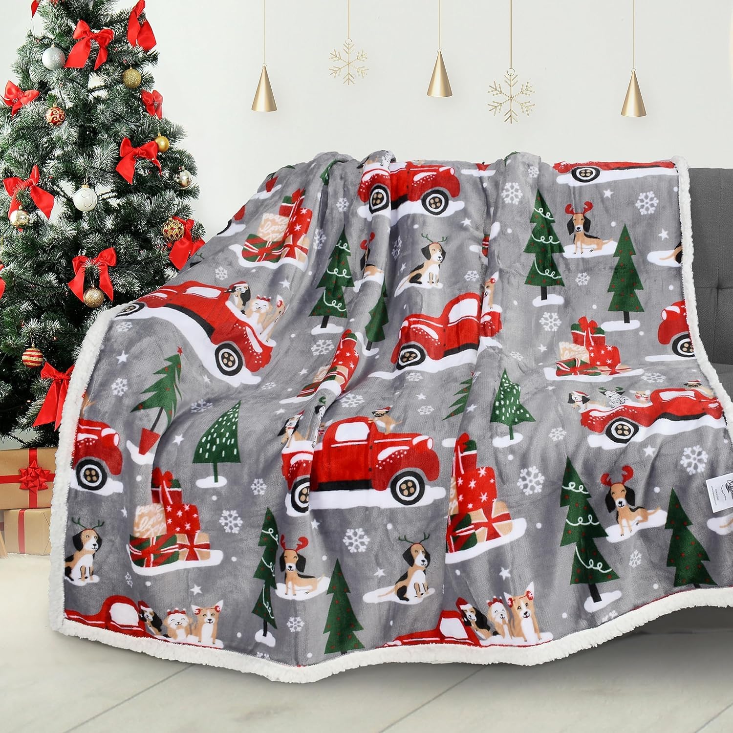 ALUNME Red Truck & Dog Print Throw Blanket, Summer Blanket Lightweight Soft Plush Couch Blanket for Living Room, Breathable Cozy Blanket for Holiday Decor and Summer Lounging, 50x60 Inches