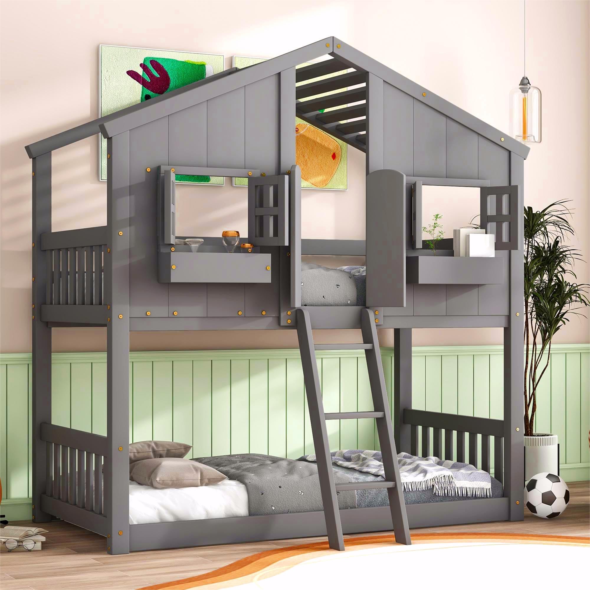 Unique Wood House Bunk Bed with Roof/Window/Window Box/Door Designs, Twin Over Twin Bunk Bed with Safety Guardrails and Ladder for Kids Boys Girls (Gray/House*R)