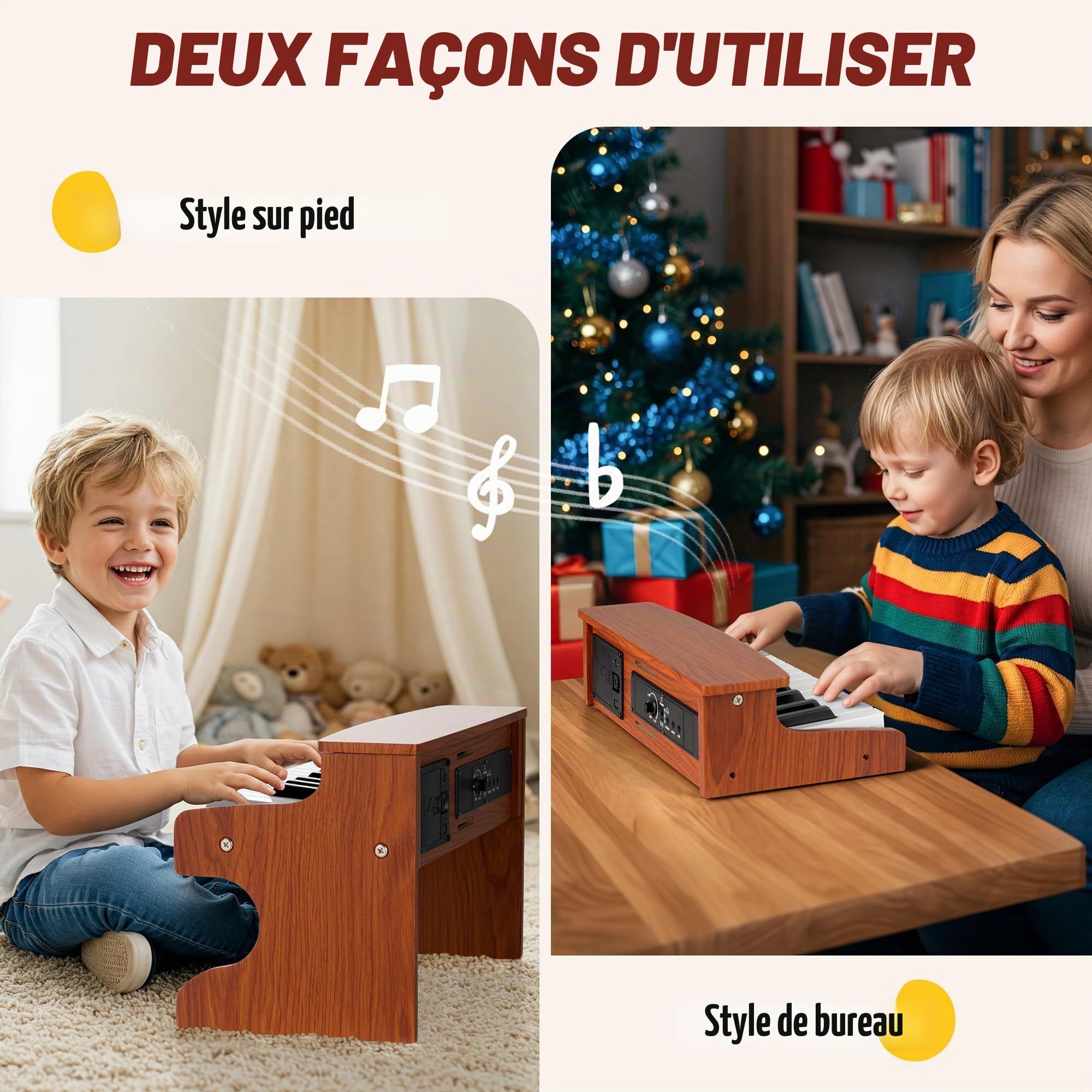 CAHAYA Piano Enfant Bois, Piano Numérique 25 Touches, dès 3 Ans | 2-en-1 bureau ou sur pieds, USB ou piles, prise micro, cadeau anniversaire Noël