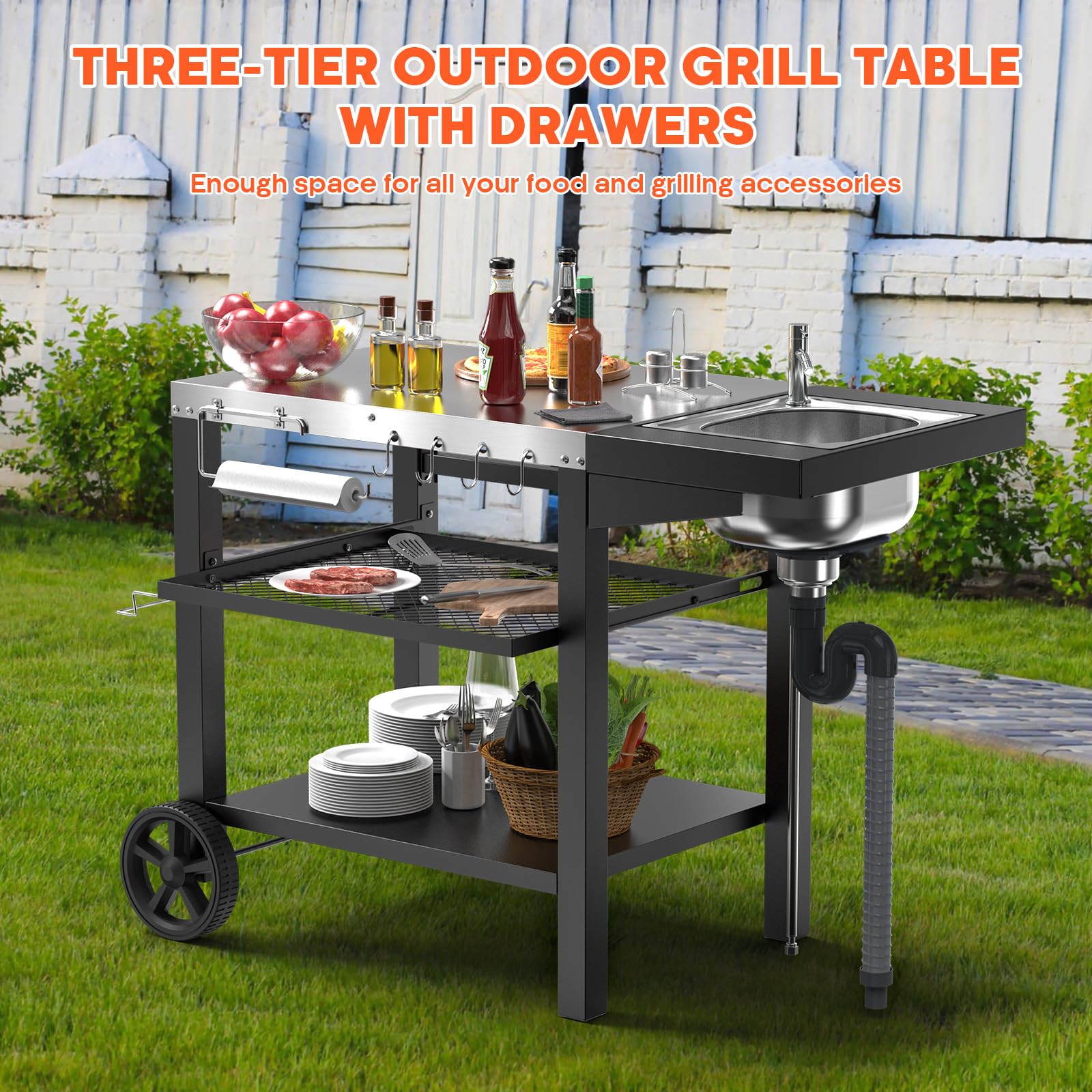 GFTIME Carrito de barbacoa de 107 x 63 x 81 cm, con fregadero de Woofire, para hornos de pizza, para barbacoas al aire libre, resistente a la intemperie, para hornos de pizza, para Weber Q1000