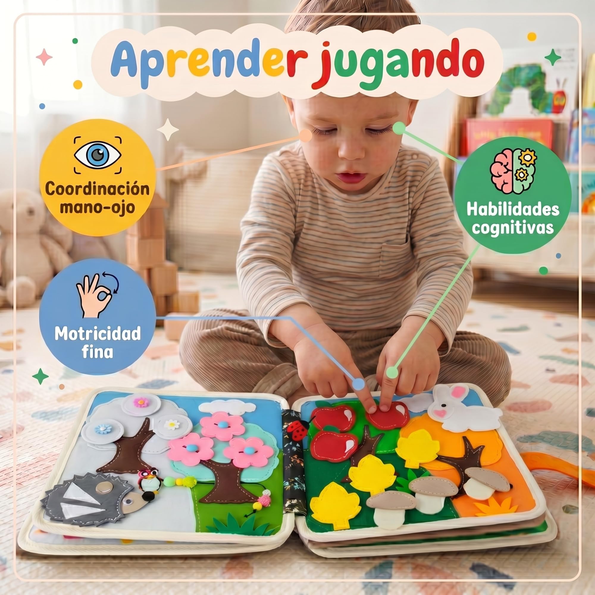 LUMS Libro Montessori 1 Año - Juguetes Montessori Bebé 2 3 4 5 Años, Busy Board y Tablero Sensorial de Fieltro, Busy Book Interactivos de Actividades, Juego de Viaje para Coche con 6 Marionetas